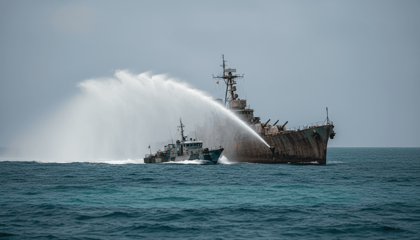 A weathered Philippine Navy resupply boat pushing through a wall of white water-cannon spray near a rusted, grounded warship hull, flat grey South China Sea horizon behind it