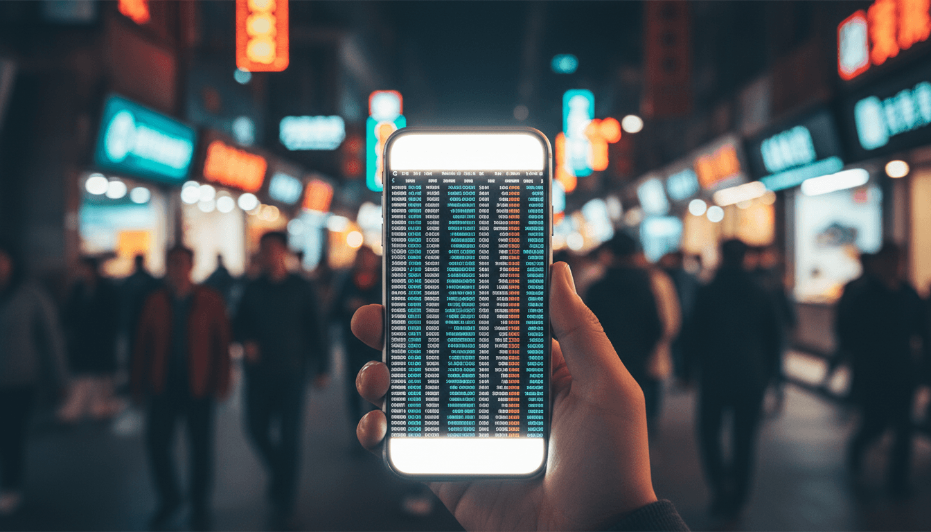 A single smartphone glowing warm white, held at chest height in a crowded Beijing night market alley, its screen light outshining the blurred neon shop signs behind it, framed like the new storefront window