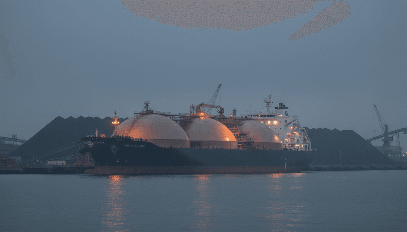 An LNG carrier tanker anchored in hazy dusk light off a Northeast Asian coastal import terminal, its rounded cargo tanks catching amber floodlight, with a mounded coal stockpile visible on the dock in the background