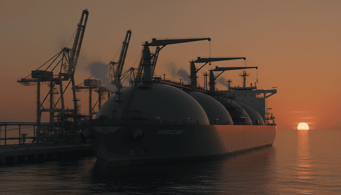 A massive LNG carrier ship docked beside an idled gas liquefaction terminal at dusk, loading arms disconnected, steam drifting from cooling pipes and cranes standing motionless against an orange horizon