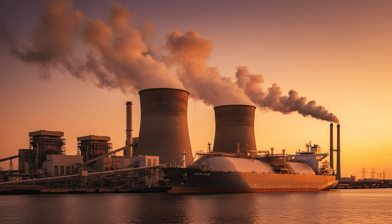 A liquefied natural gas tanker moored at dusk directly beside a coal-fired power plant's cooling towers, steam and exhaust rising together against an orange sky, no text or logos