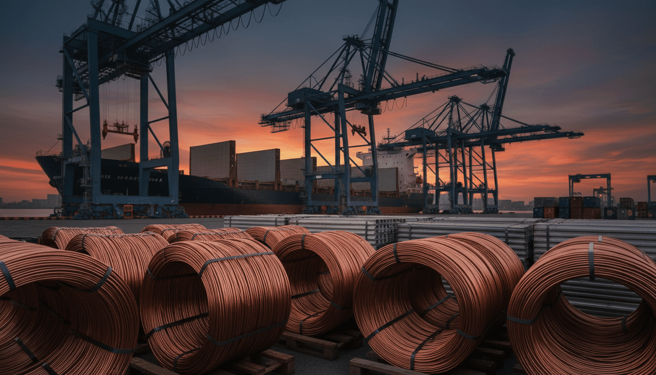 A dockside container yard in Taiwan at dusk stacked with reels of copper wire and aluminum sheet stock beside a half-loaded cargo ship, gantry cranes silhouetted against an orange sky