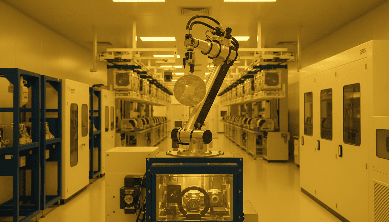 A pristine semiconductor fab clean room bathed in yellow lithography light, a robotic arm poised over a gleaming wafer.