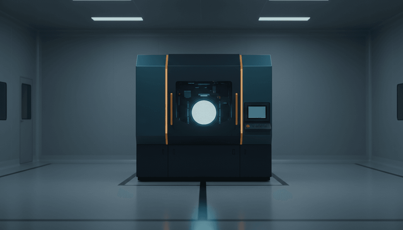 A single unmarked immersion DUV lithography scanner standing alone in an otherwise empty grey cleanroom bay, its wafer stage glowing under cool pale blue process light, no signage or markings on the machine housing