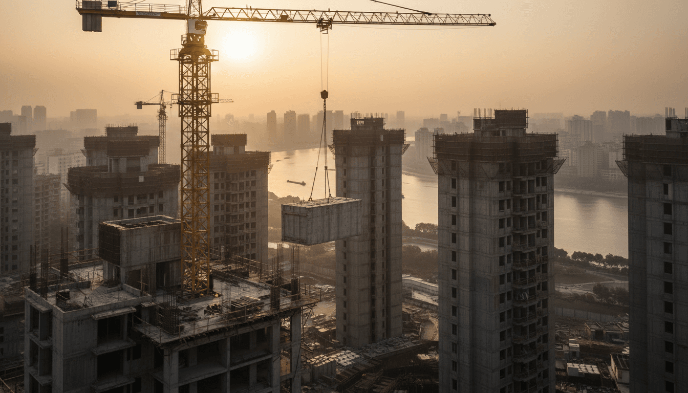 A construction crane lit gold at dusk, lowering a concrete slab onto an unfinished apartment tower in a dense outer-ring Shanghai neighborhood, river reflections faint in the background