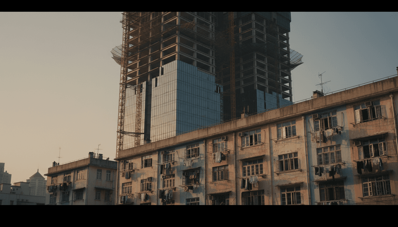 A weathered pastel lane-house apartment block in central Shanghai with laundry lines strung between windows, photographed at golden hour, dwarfed by a dark, unfinished glass-and-steel high-rise construction tower looming behind it