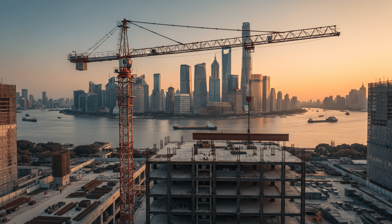 A tower crane hoisting a steel beam over an unfinished high-rise skeleton on a riverside construction site in Shanghai, golden hour light on the Huangpu River in the background