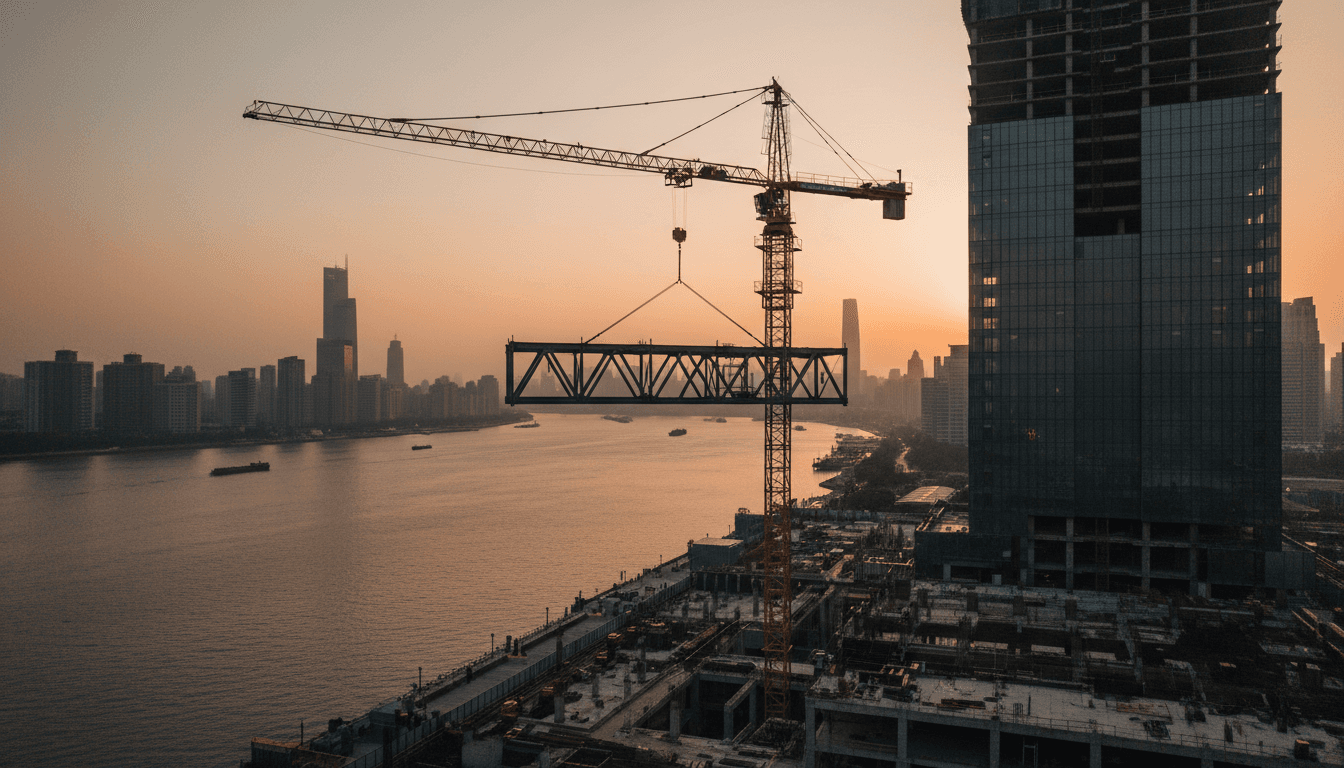 A lone construction crane raising a steel skeleton frame above a riverside building site on Shanghai's North Bund at dusk, warm light reflecting off the Huangpu River, a half-built glass tower silhouetted against the skyline