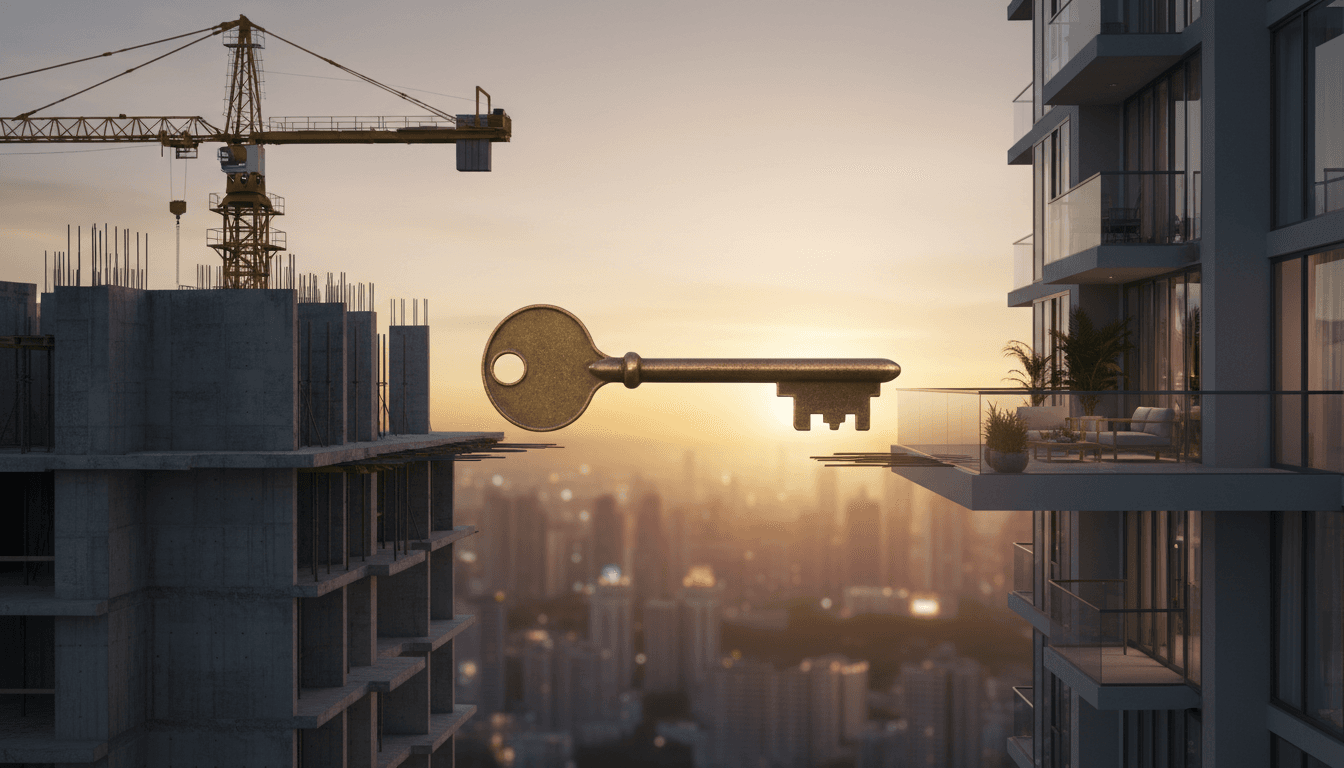 A single brass apartment key balanced across the gap between an unfinished concrete residential tower under crane and a completed apartment balcony at dusk, warm golden light, shallow depth of field, photographic