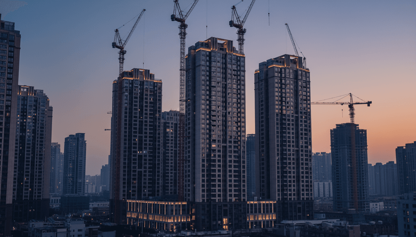 A photographic dusk shot of a cluster of Shanghai outer-ring apartment towers, warm amber light glowing on the upper floors while the lower floors and street level sit in cool shadow, construction cranes visible between buildings, no text, logos, or people