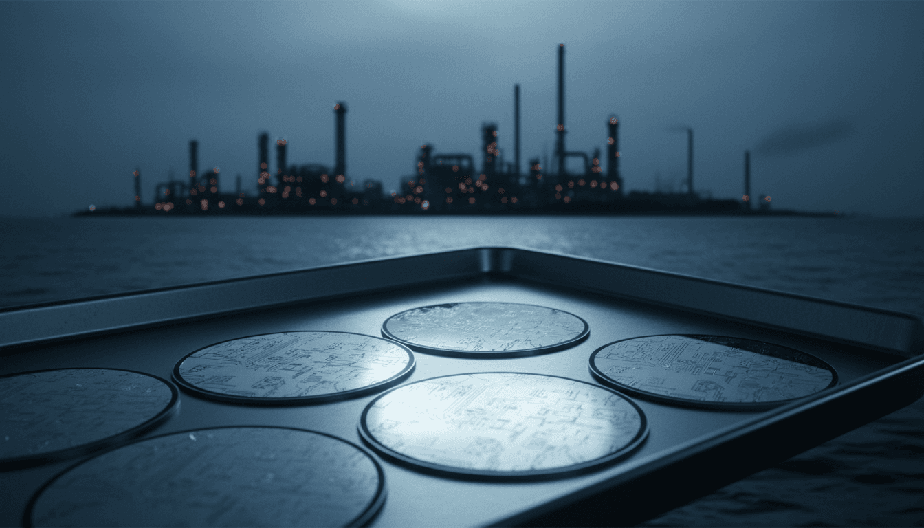 A tray of gleaming silicon wafers catching cold blue cleanroom light in sharp focus, with the hazy silhouettes of petrochemical refinery towers and flare stacks on an island refinery complex visible faintly across the water in the background