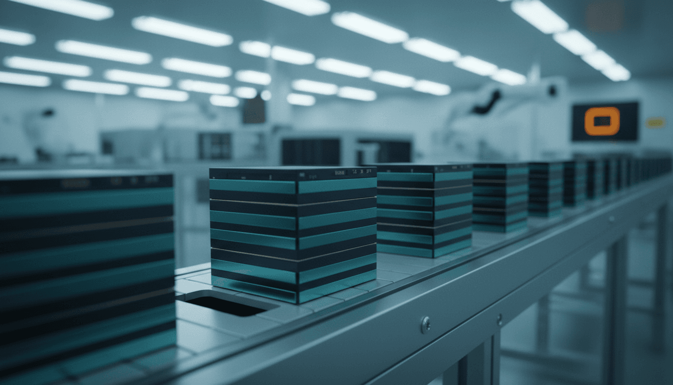 Rows of stacked HBM4 memory chip modules under harsh cleanroom light on a semiconductor fab conveyor line, with one module slot near the end of the line still empty