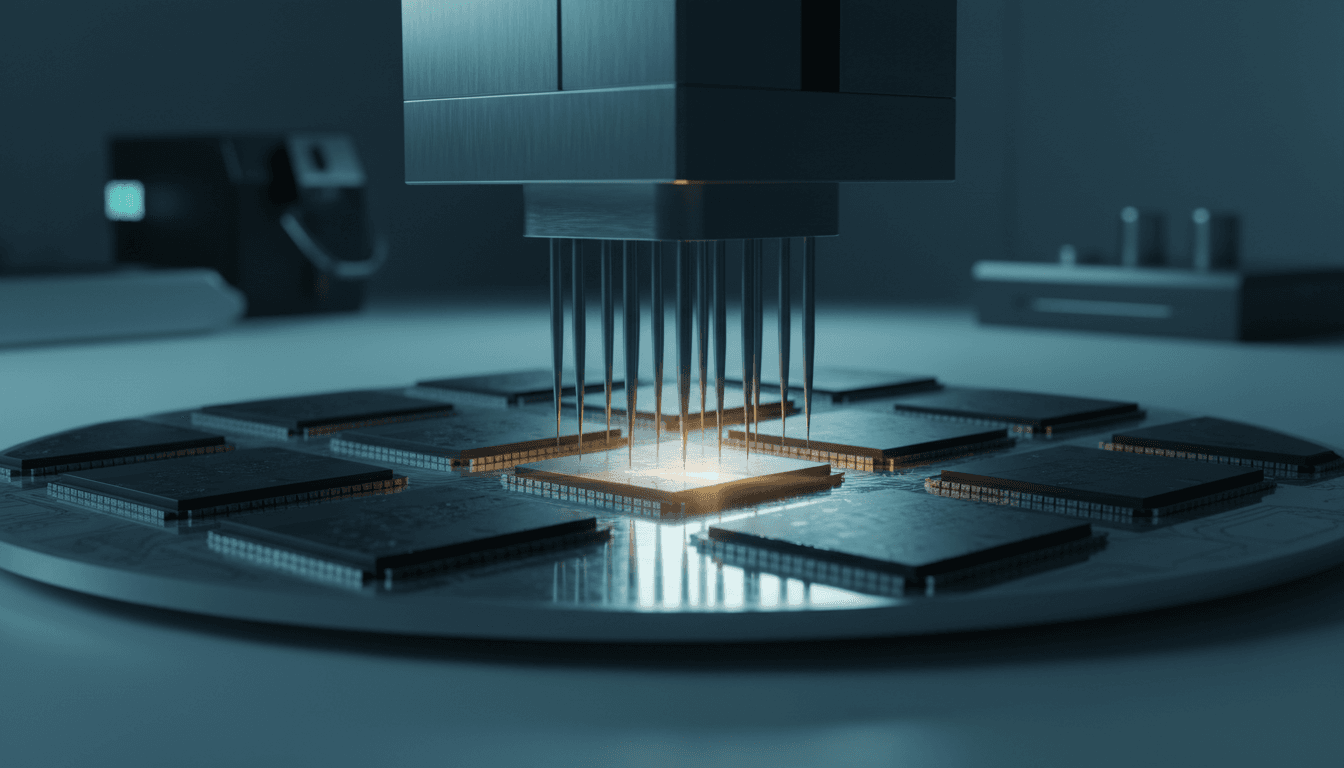 Extreme close-up of a wafer-prober's fine metal needle array descending onto a silicon wafer studded with rows of stacked HBM memory dies, sharp cleanroom light glinting off the probe tips and the wafer's mirrored surface