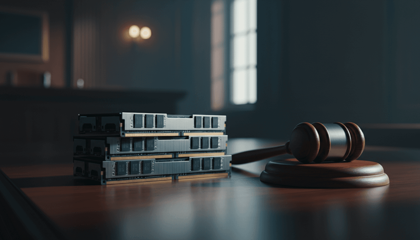 A tight, dramatically lit stack of DRAM memory chip modules on a dark wooden courtroom table, a judge's gavel resting beside them, graphite grey and amber tones, shallow depth of field
