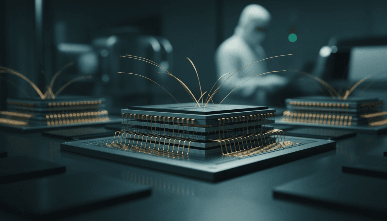 Macro close-up of a stack of high-bandwidth memory dies mid-assembly on a silicon substrate in a semiconductor cleanroom, layered wafers and fine gold connective traces catching dramatic side lighting