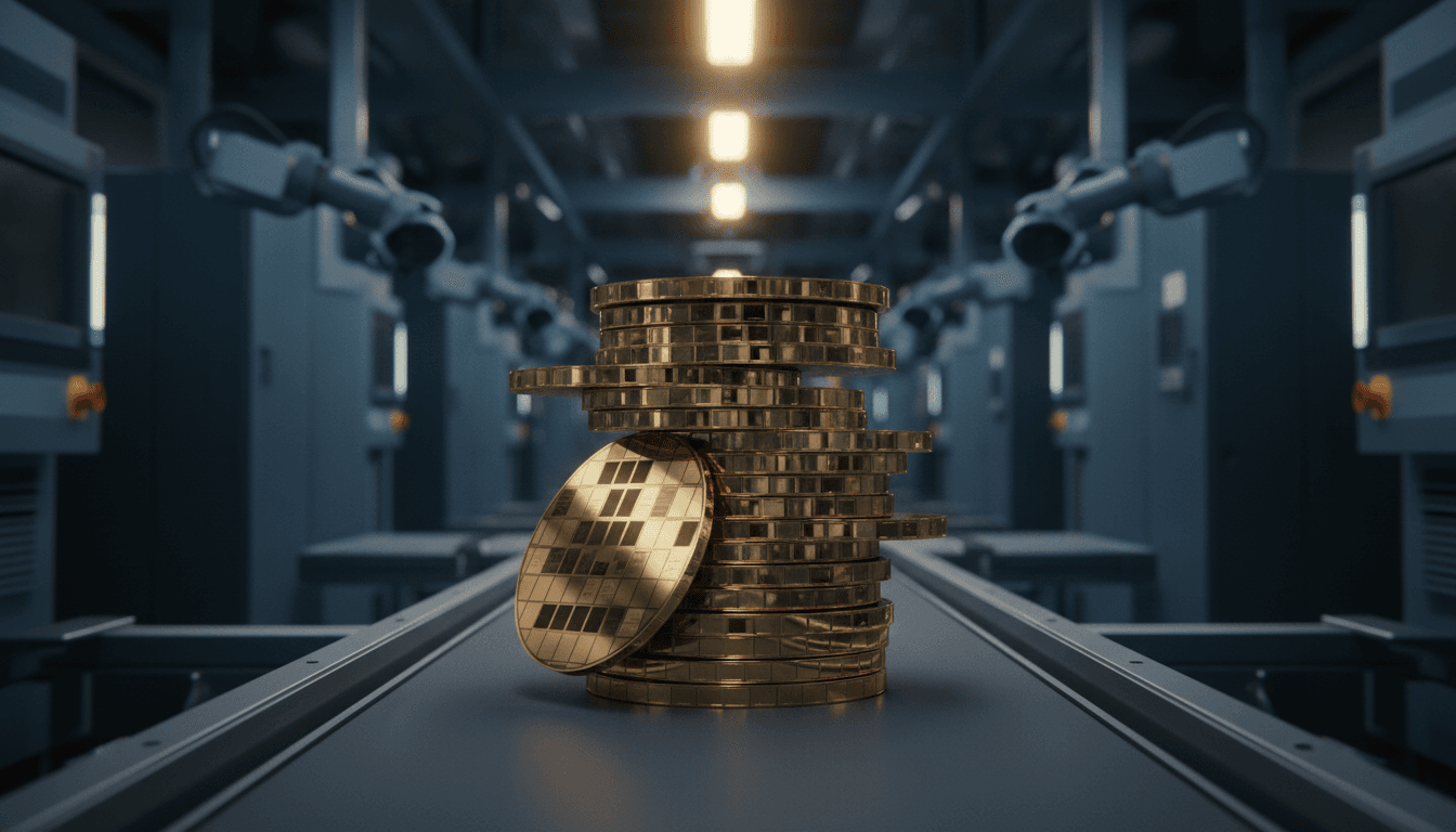 A tall stack of golden silicon memory-chip wafers on a factory conveyor belt inside a Korean semiconductor fab, sharp reflections, shallow depth of field, warm overhead industrial light, cinematic photographic detail, no text or logos