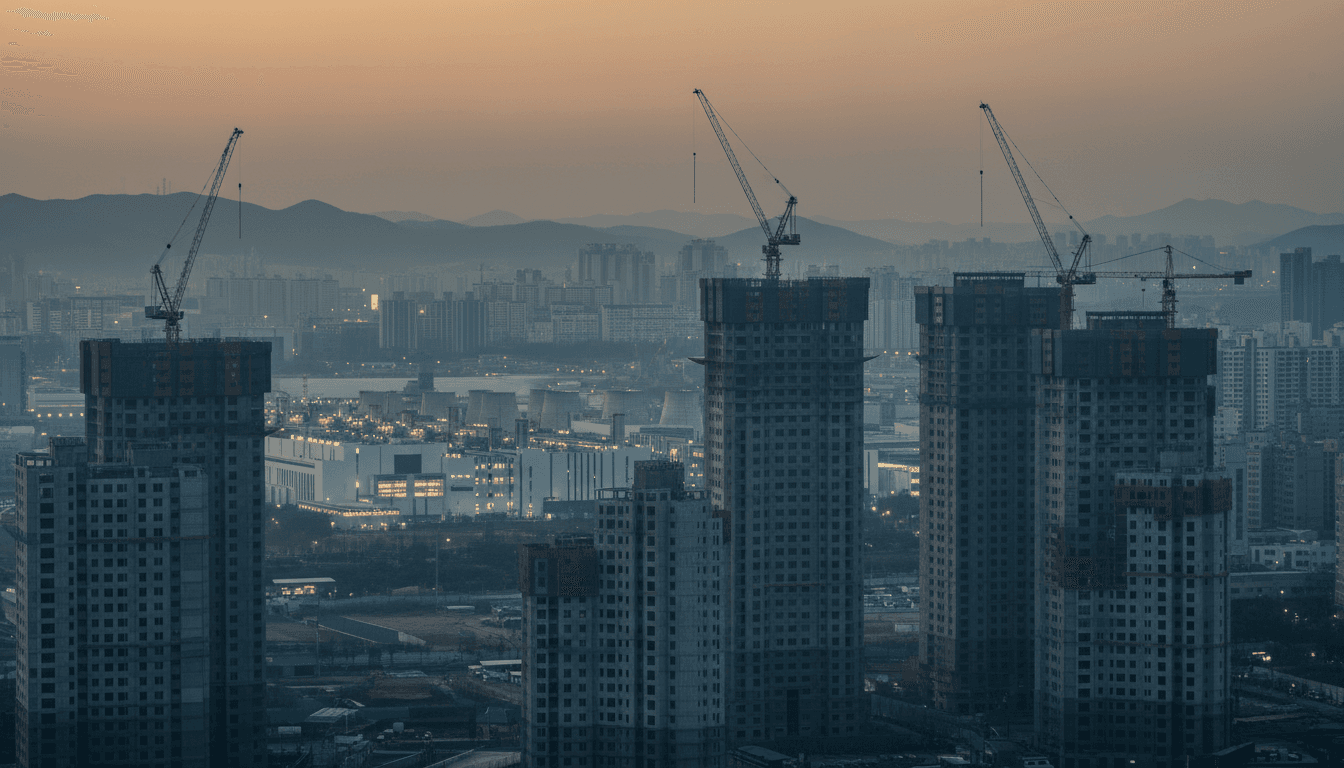 A cluster of new high-rise apartment towers under construction cranes in a Seoul satellite city near a semiconductor fab campus, hazy amber dusk light, no text or people