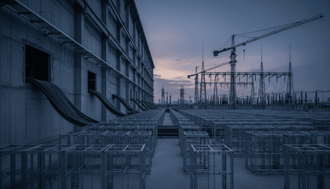 A half-built data center hall in Southeast Asia at dusk, rows of empty server racks beneath exposed steel roof trusses, thick power transmission cables running from the building toward a distant electrical substation with tall pylons, construction cranes silhouetted against the sky