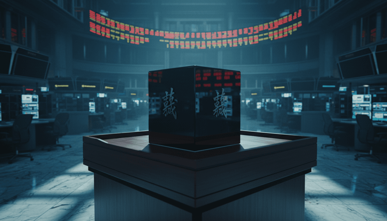 A Taiwanese ballot box on a polished stock-exchange trading floor podium, red digital ticker numbers reflected in its glossy black surface, dramatic low side lighting, cinematic photographic composition, no text or flags visible