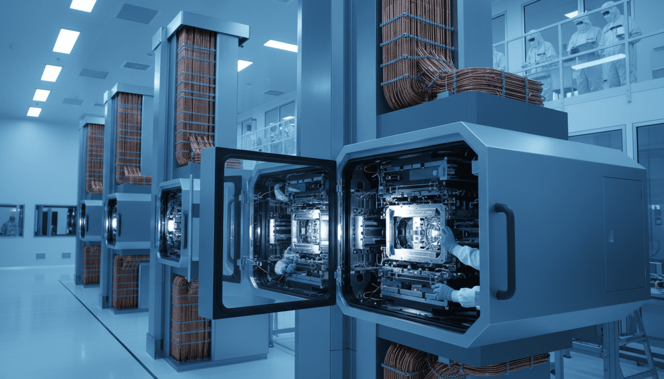A row of towering extreme ultraviolet lithography machines inside a brightly lit chip fab cleanroom, tall steel chambers and copper cooling lines catching a cool blue-white glow, one machine's access panel open mid-assembly revealing its layered optics chamber