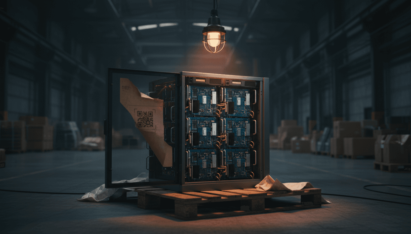 A single server rack chassis with its side panel open, exposing rows of dense AI accelerator boards, sitting on a dim loading-dock pallet beside a half-peeled shipping manifest label, lit by a single overhead work light