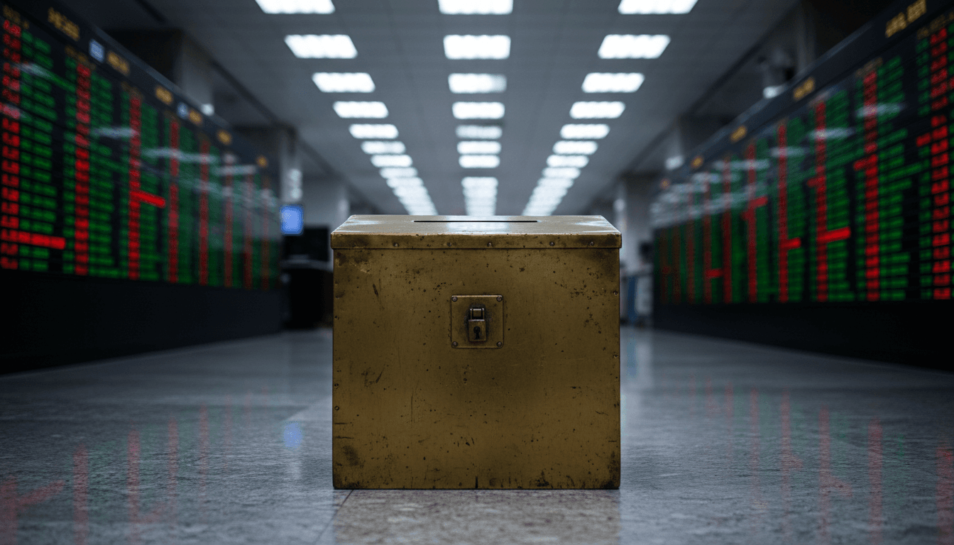 A weathered brass ballot box sitting alone on a Taipei stock exchange trading floor, rows of red and green price boards glowing out of focus behind it, harsh fluorescent light, no text or people visible