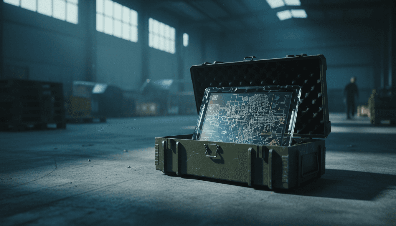 A silicon wafer cradled inside an open steel weapons crate on a concrete warehouse floor, cool grey-blue industrial light, sharp focal detail, cinematic photographic realism, no text or logos