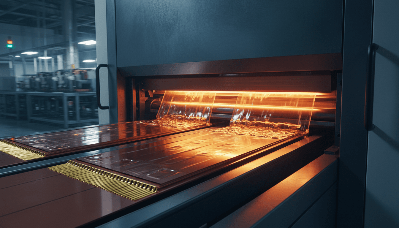 Rows of gold-fingered IC substrate panels moving through a high-speed lamination press on a Taiwanese circuit-board production line, copper and amber resin layers glinting under industrial line lighting