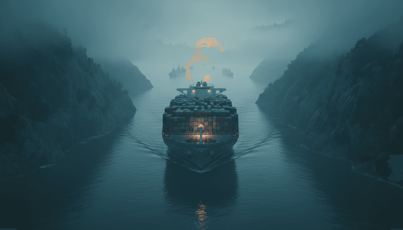 A lone container ship threading a narrow, mist-covered strait at dusk, its wake tracing a thin line between dark coastal cliffs on either side, distant grey naval hulls barely visible on the horizon