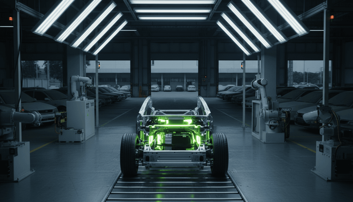A single electric vehicle chassis glowing under bright overhead lights midway down a Thai assembly line, its bare metal panels catching the light, while beyond open loading-bay doors a row of older combustion-engine cars sits dust-covered and idle in a dim, half-empty lot