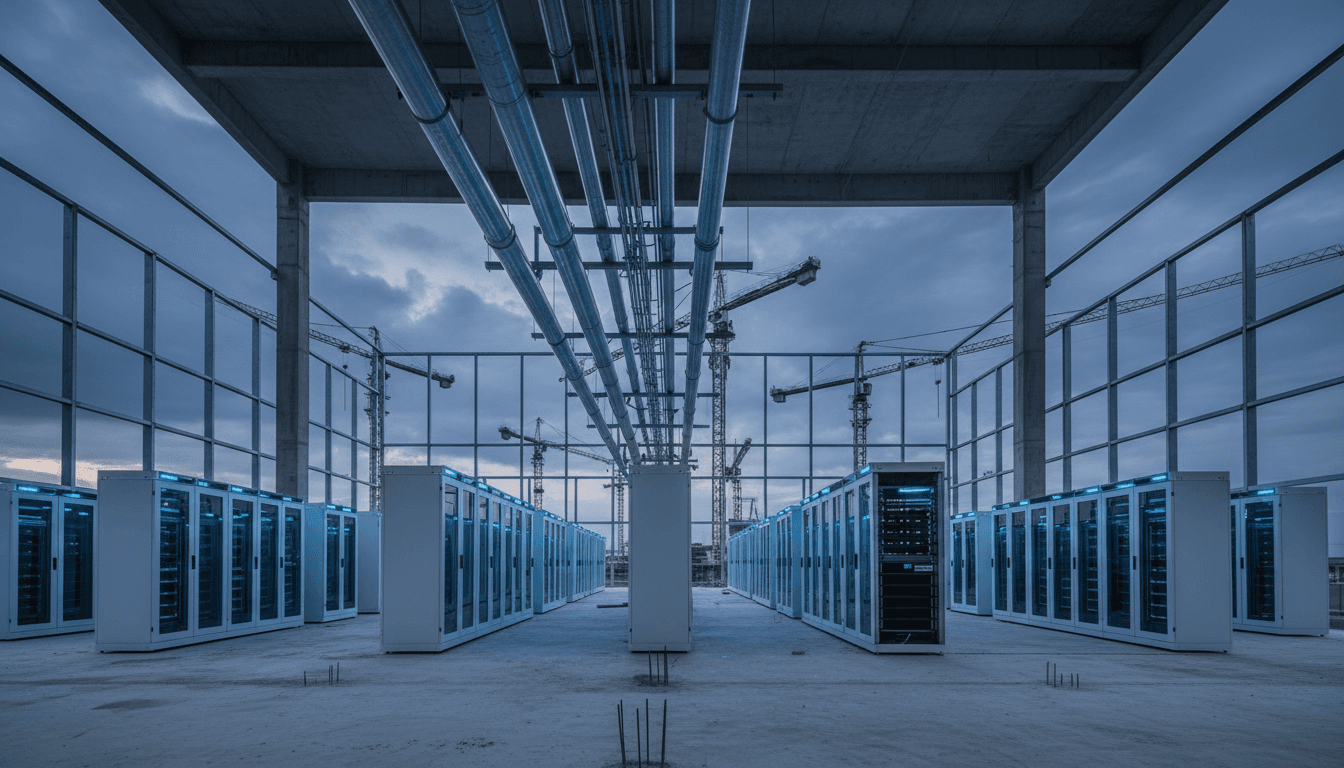 Rows of white AI server racks and exposed cooling pipes inside a vast, half-finished concrete data center hall on Bangkok's outskirts, construction cranes visible through open steel framing at dusk