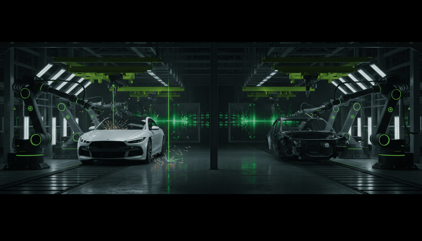 An electric-car assembly line inside a Thai auto plant: one bay glowing under robotic arms building a sleek white sedan, the adjacent bay dark and empty around an idle chassis frame