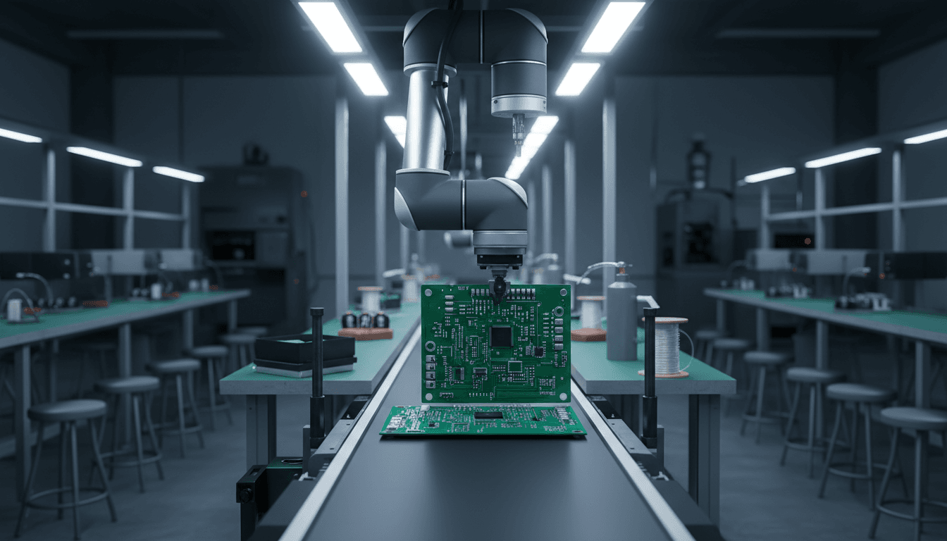 A half-finished PCB assembly line inside a Thai factory, a robotic arm placing a bright green circuit board onto a conveyor under bright overhead lights, rows of empty stools and unused workstations stretching into the dim background
