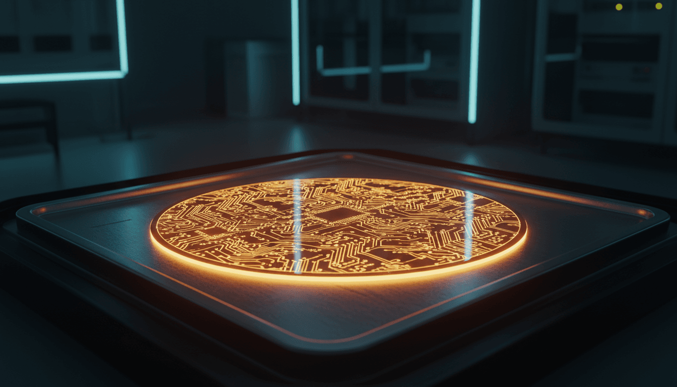 A single 300mm silicon wafer resting on a stainless steel fab handling tray, backlit so its etched circuit grid glows warm amber against dark cleanroom shadows