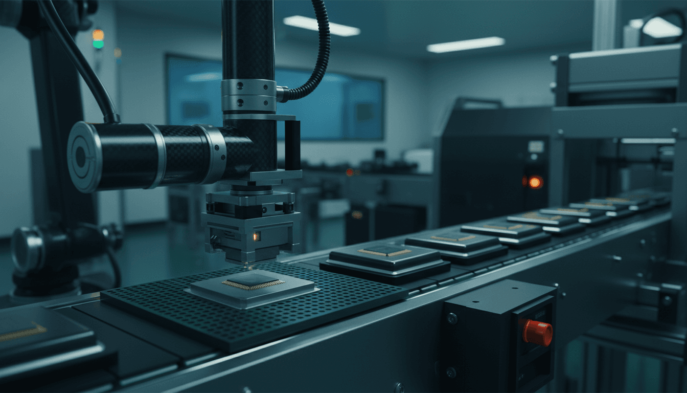 A close-up inside a semiconductor packaging cleanroom: a robotic arm precisely lowering a graphite-grey chip module onto a green substrate carrier on an automated assembly line, rows of finished AI accelerator packages queued behind it under sharp industrial light, shallow depth of field, photographic realism.