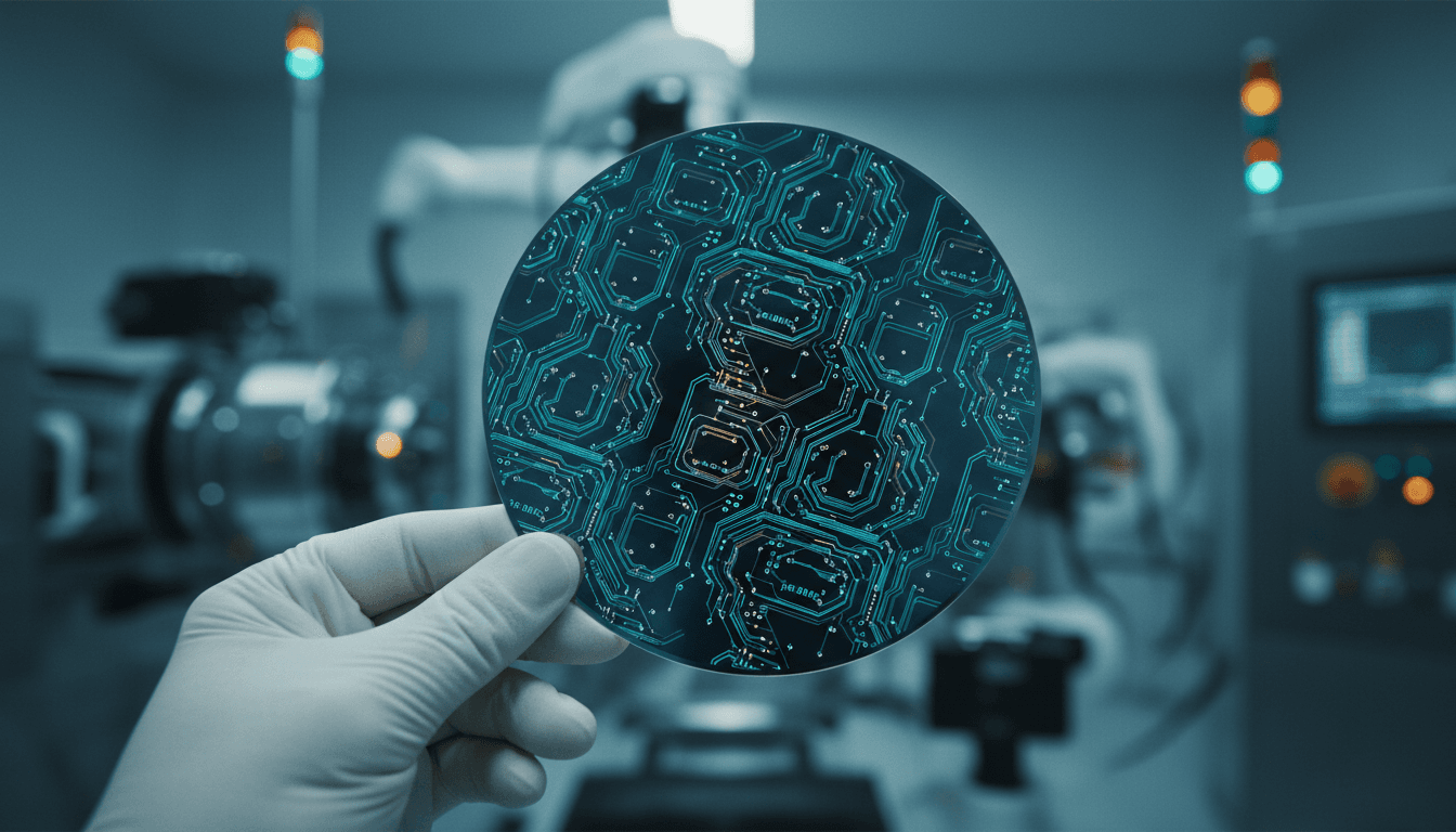 A gloved hand holds a 12-inch silicon wafer etched with fine photonic waveguide circuits under bright cleanroom light, sharp macro focus on the wafer surface with softly blurred fab equipment in the background.