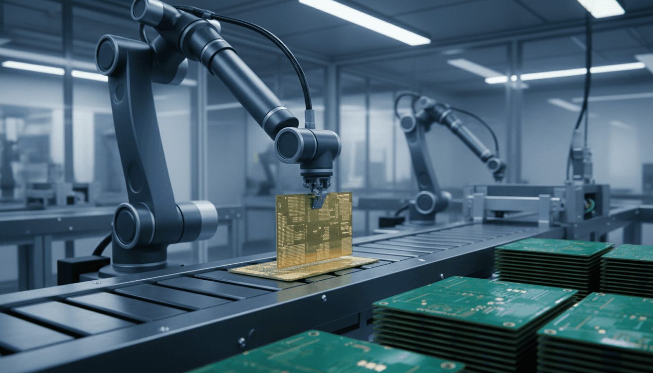 Close-up of a robotic arm lowering a gold-fingered printed circuit board substrate panel onto a conveyor inside a brightly lit factory, with stacks of thin green substrate panels waiting beside the line