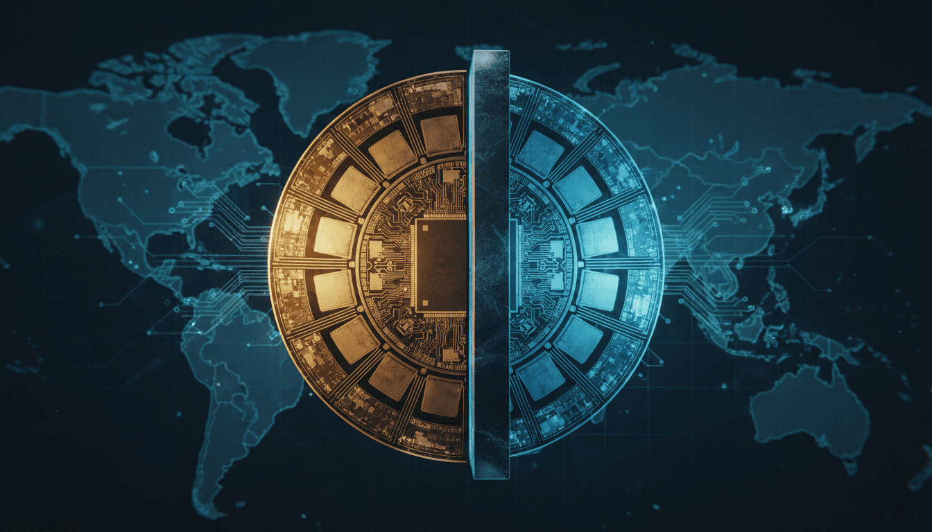A circular silicon-chip motif split down the middle, one half warm gold and the other cold blue, a hard barrier between them over a faint world map.