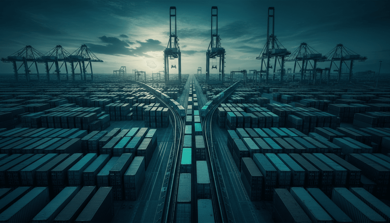 An aerial view of a vast container yard where one stream of shipping containers diverges onto a separate path away from the others, gantry cranes overhead.