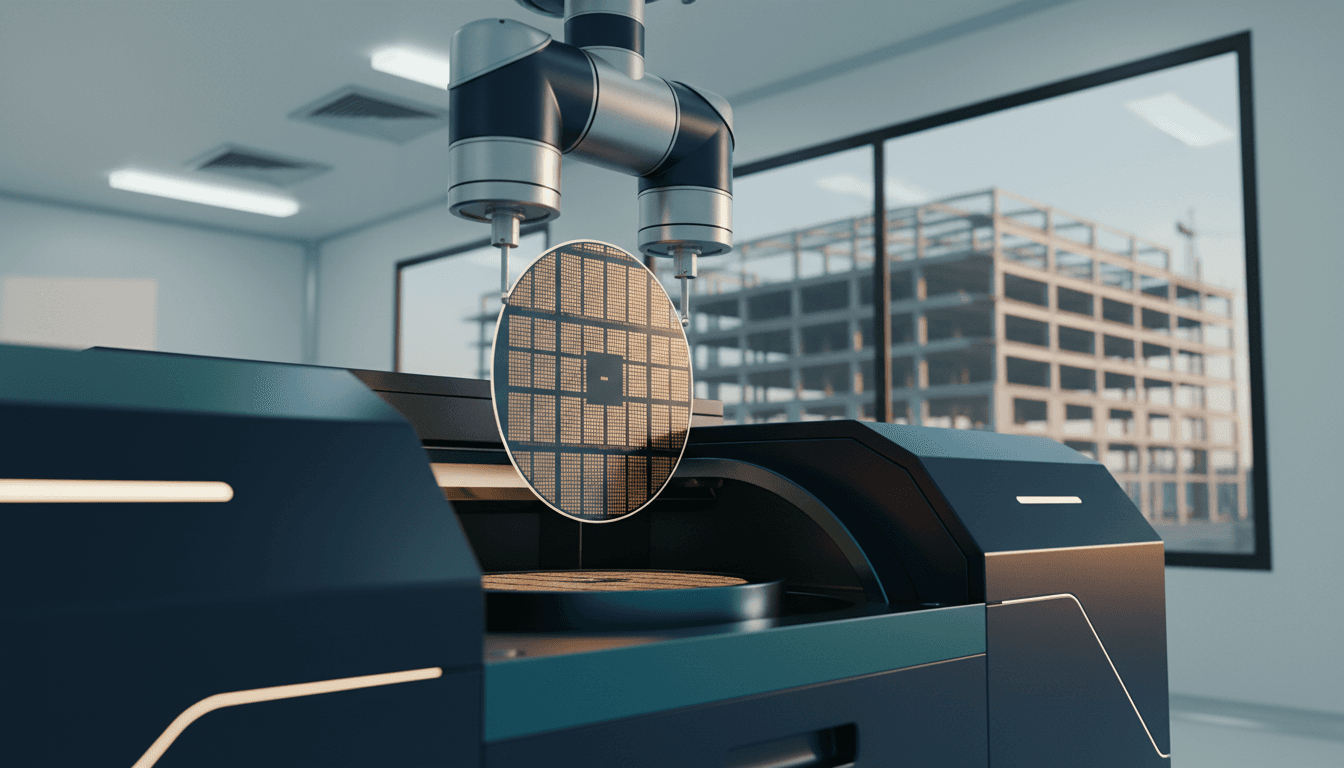 A memory chip wafer being lowered by a robotic arm into a testing machine on a bright cleanroom production line, with an unfinished industrial park building visible through a large window behind the equipment