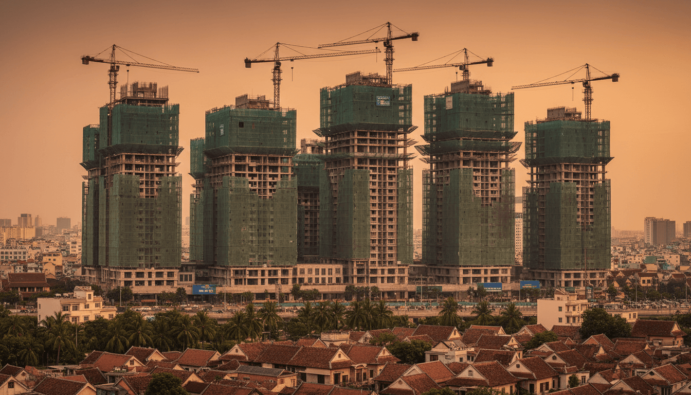 A cluster of unfinished high-rise apartment towers wrapped in green construction netting rising above Ho Chi Minh City's low-rise rooftops at dusk, tower cranes silhouetted against an amber sky, motorbike traffic blurred far below, no people or text visible