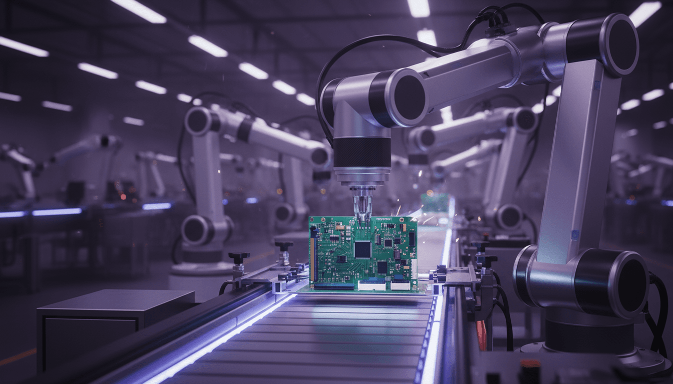 A robotic arm placing a printed circuit board onto a bright, humming electronics assembly line inside a Vietnamese factory, sharp focus, cinematic industrial lighting