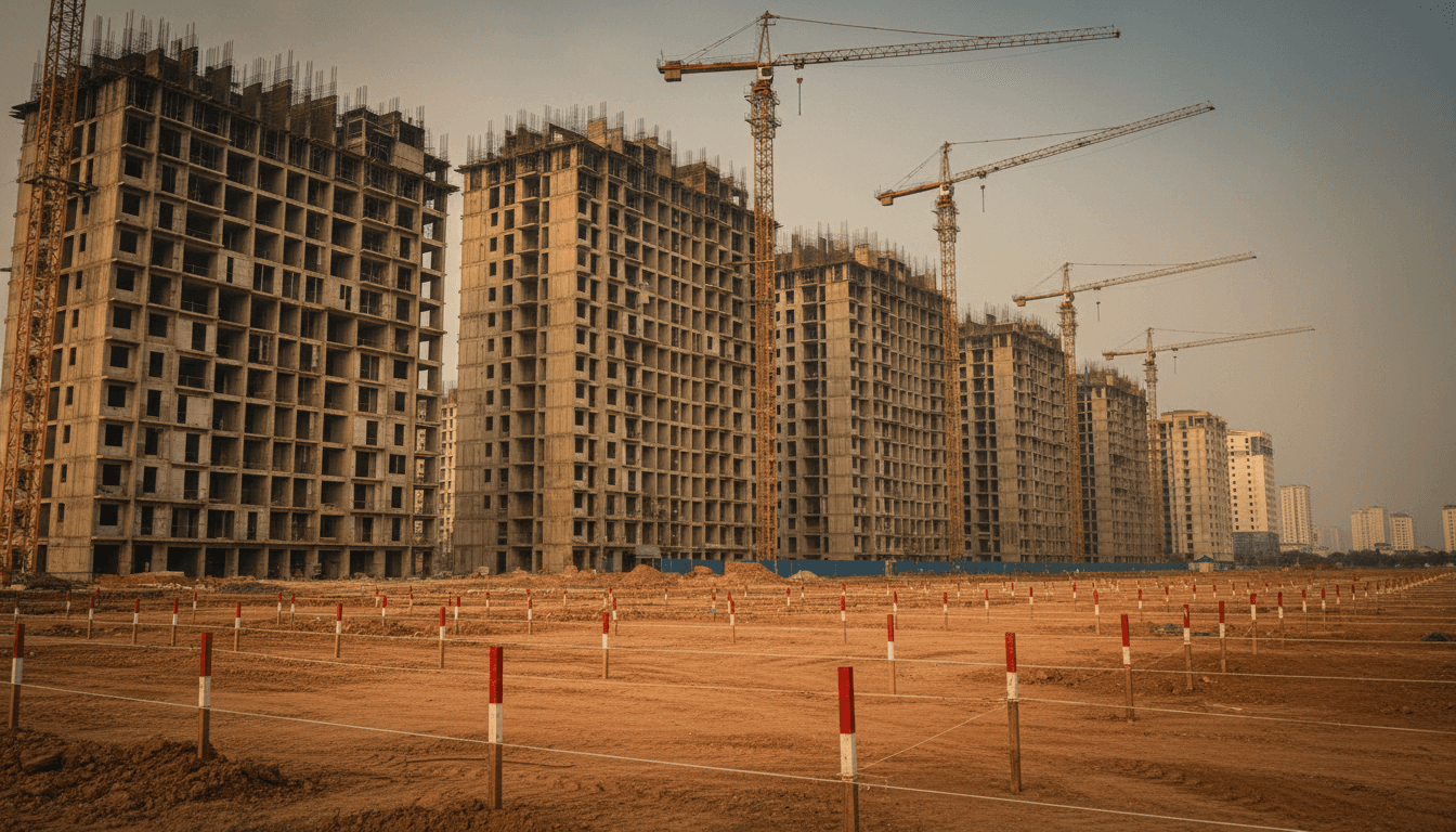 A row of unfinished concrete apartment tower skeletons on Hanoi's outskirts, tower cranes standing idle, with red survey stakes marking a freshly graded but empty construction plot in the foreground under a hazy afternoon sky.