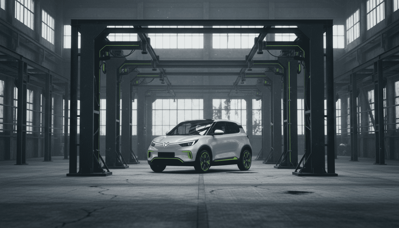 A single small silver electric city car parked alone on an empty concrete factory floor in Vietnam, tall unlit assembly-line gantries and steel scaffolding framing it, pale daylight streaming through high industrial windows