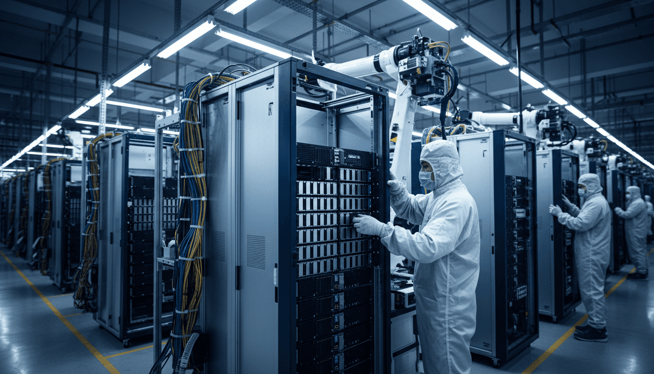 rows of half-assembled AI server racks on a Taiwan factory floor, workers and robotic arms installing memory modules into open rack chassis under bright industrial lighting, cables and metal frames visible